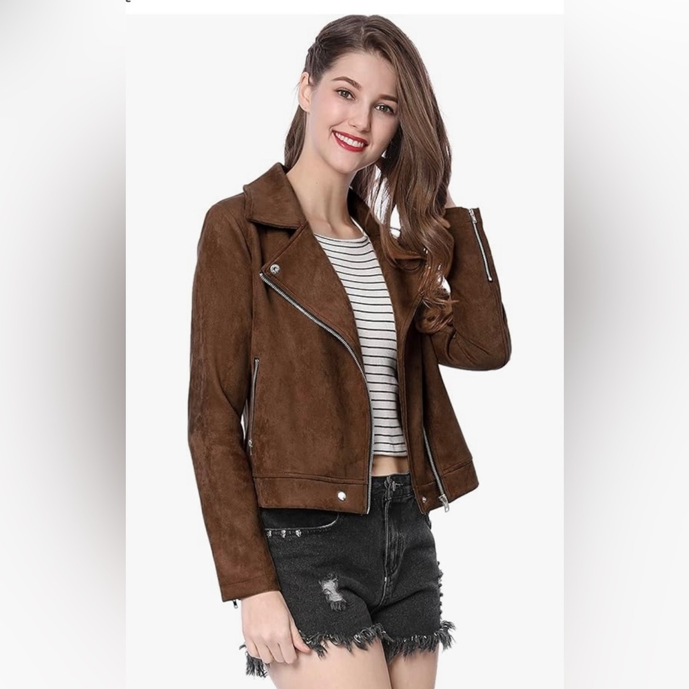 Allegra K Women's Short Soft Zip Up Faux Suede Biker Moto Jacket